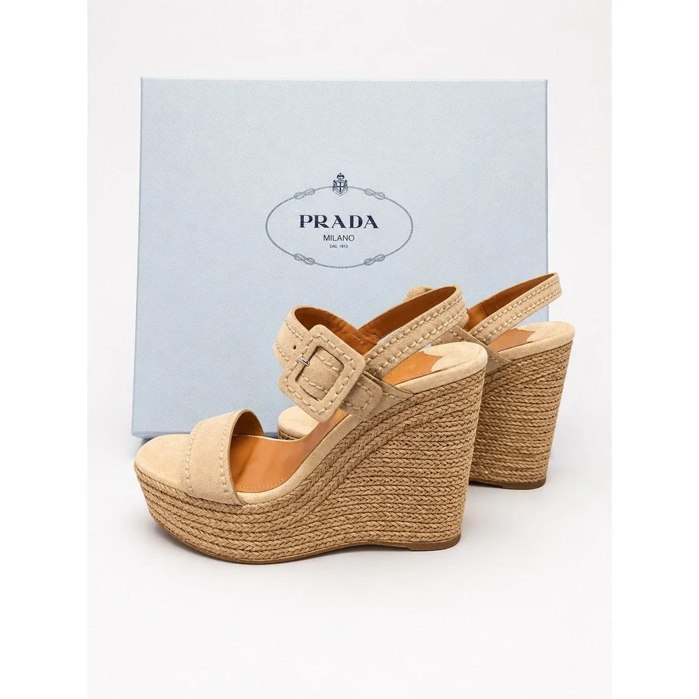 Prada Beige Suede Espadrille Wedge Sandals Ankle Strap Women's Size 37.5 (7.5)